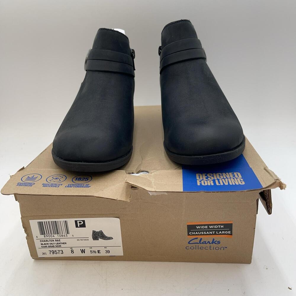 Clarks Charlten Rae Boots Womens Black Leather Ankle Zip Wide New Size 8 W